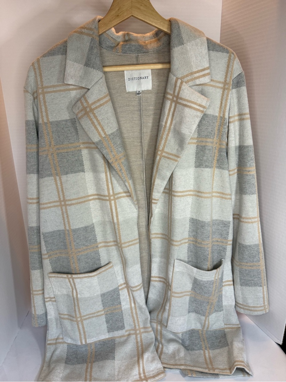 Plaid Open-Front Blazer in Cream, Gray & Tan